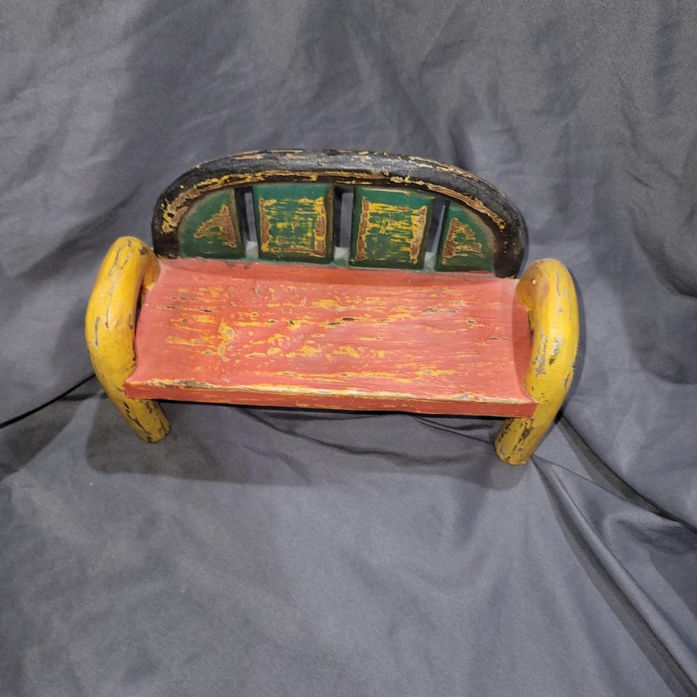 Vtg Hand Carved Folk Art Hand Painted Frog Cat Chicken Sat On A Bench Wooden - Picture 4 of 16